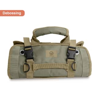 A green tool bag with a carry handle, adjustable straps, and a logo. Suitable for storing tools and accessories.