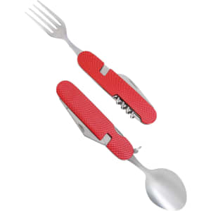 A multi-functional camping cutlery tool in red, featuring a fork, spoon, and corkscrew with a textured grip.