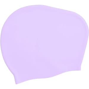 A silicone swim cap in purple, designed for women with long hair, featuring a smooth surface and rounded shape.
