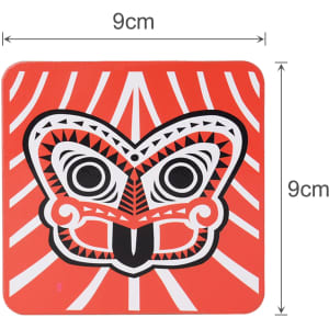 A vibrant orange cork coaster featuring a stylised black and white butterfly design, measuring 9cm x 9cm.