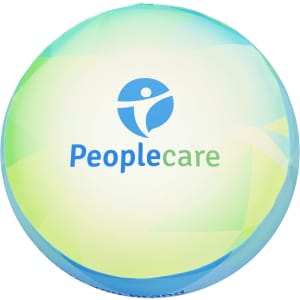 A round inflatable ottoman in blue and green, featuring a logo on the surface.