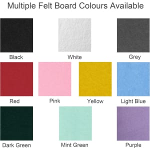 A selection of felt headband samples in various colours: black, white, grey, red, pink, yellow, light blue, dark green, mint green, and purple.