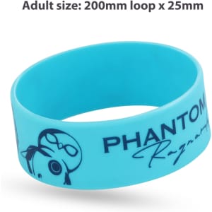 A light blue silicone wristband featuring a logo, sized at 200mm loop x 25mm width.