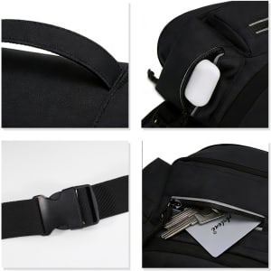 A black expandable bum bag featuring a strap, a zippered pocket, and an interior compartment for small items.