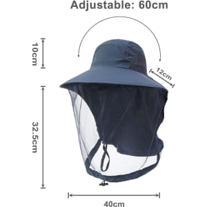 A navy mosquito mesh hat with an adjustable brim and a protective mesh netting at the back.