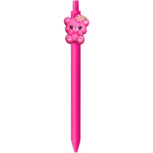 A pink pen with a cute bear topper featuring a flower design. The pen has a logo on its barrel.