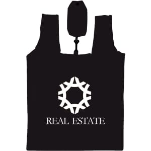 A compact, foldable shopping tote bag in black with a logo design on the front.
