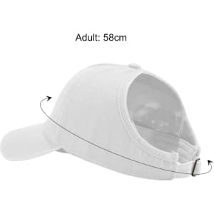 A white cap with an adjustable strap at the back, featuring a classic design and a branded logo.
