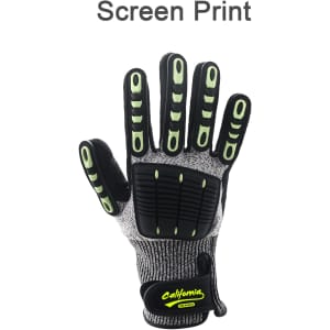 Heavy duty safety work glove with a grey and black design, featuring lime green accents and a palm guard.