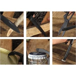 A multifunction pocket knife in black with various tools including a knife blade, scissors, and a bottle opener.