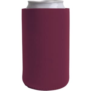 A drink bottle holder in a deep burgundy colour, designed to fit standard cans. It features a branding logo.