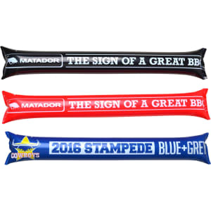Three inflatable bang bang sticks in black, red, and blue, featuring different branding and designs.