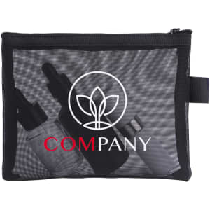 A black nylon mesh flat cosmetic bag with a zip, containing three clear bottles and a logo on the front.