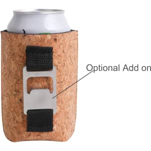 A cork stubby holder in natural colour, featuring a silver bottle opener and black strap, holding a can.