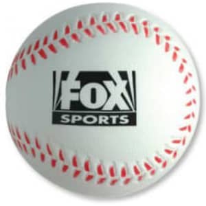 A white stress ball shaped like a baseball, featuring red stitching and a logo.