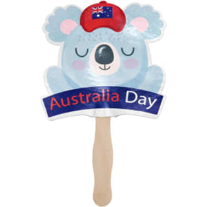 A custom-shaped paper hand fan featuring a koala, coloured blue with a red hat and a wooden handle, branded for Australia Day.