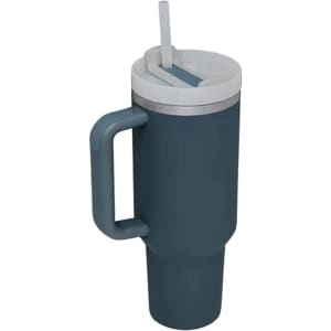 A drink bottle featuring a dark teal body, a grey lid, a straw, and a handle. It also has a logo.