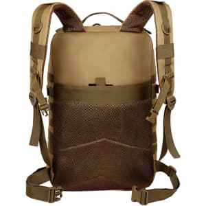 A tactical backpack in tan with adjustable straps and a mesh side pocket. Features a simple, functional design.