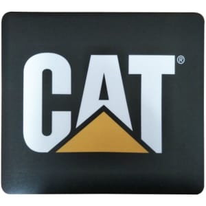 A rectangular mouse mat featuring a black background and a prominent yellow triangular logo with the letters "CAT" in white.