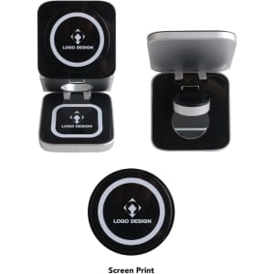A foldable wireless charger stand in black and silver, featuring an embedded logo design.