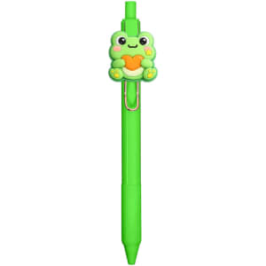 A bright green pen featuring a cute frog design as a topper, equipped with a clip and a vibrant colour scheme.