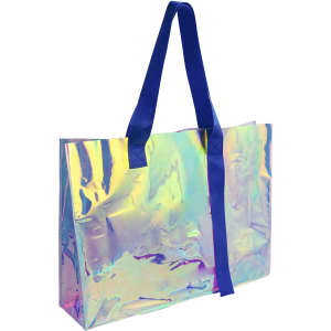 A large, colourful transparent PVC tote bag with glossy, iridescent surface and blue handles.