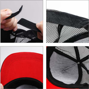 A red cap featuring a mesh back, showing details of the inner lining and adjustable strap.