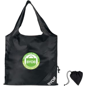 A black foldaway shopping bag with a circular logo and a matching pouch for storage.