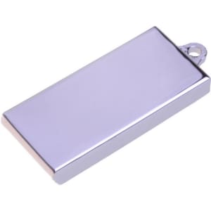 A shiny silver Mini Europa Flash Drive with a rectangular design and a loop for attachment.