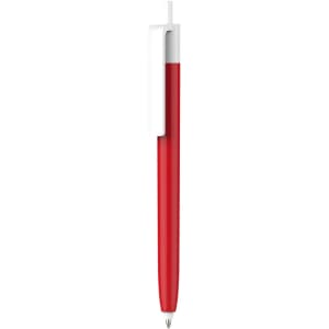 A push button pen with a red barrel and creamy white cap, featuring a clip and a logo.