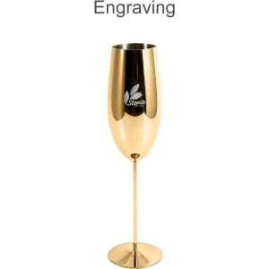 A gold stainless steel champagne flute with a sleek design and a logo on the side.