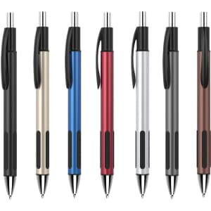 A selection of plastic pens in black, gold, blue, red, silver, grey, and brown, featuring a logo on each.