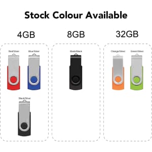 A collection of Belton Swivel Flash Drives in various colours: red/silver, blue/silver, black/black, orange/silver, and green/silver.