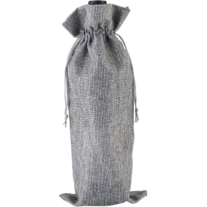 A grey drawstring bag designed for wine bottles, featuring a simple, rustic fabric texture. It has a branding label.