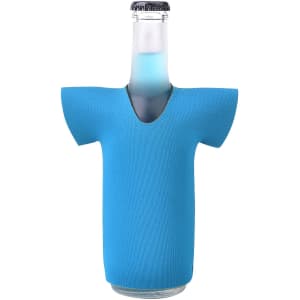 A drink bottle in a blue Jersey Stubby Cooler with short sleeves and a v-neck design. Features a logo.