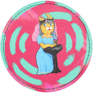 A circular PU coaster featuring a cat in a dress holding a drink, on a vibrant pink and teal background.