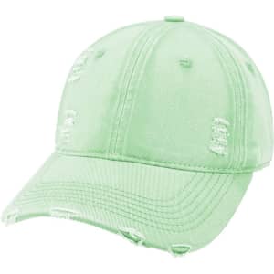 A vintage baseball cap in light green with a distressed design. It has a curved brim and stitching details.