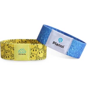 Two stretchy wristbands, one yellow with smiley faces and the other blue with a logo, ideal for events.
