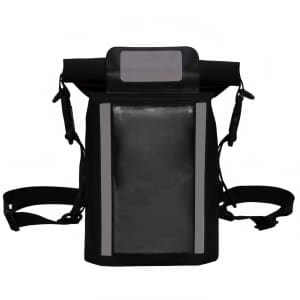 A waterproof black crossbody handlebar bag with grey reflective strips and adjustable straps. It features a clear pocket on the front.