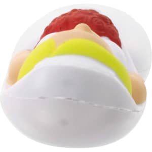 A white and multicoloured wedding-themed stress reliever shaped like a bride and groom couple.