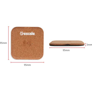 A square cork wireless charger in a light brown shade, featuring a simple logo, measuring 95mm by 15mm.