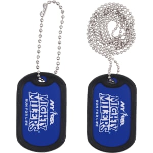 A blue dog tag with a black rubber silencer and a silver beaded chain, featuring a logo.