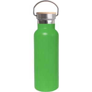 A drink bottle in vibrant green with a stainless steel body and a bamboo lid. It features a metal carry handle.