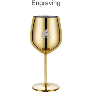 A stainless steel wine goblet in a gold finish, featuring a stem and a logo.