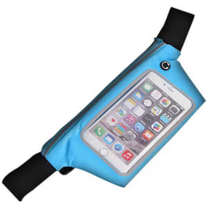 A blue waist bag featuring a clear phone pocket and adjustable straps. It has a logo on the surface.