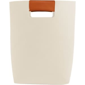 An elegant, cream felt tote bag with a brown leather handle and a logo on the front.