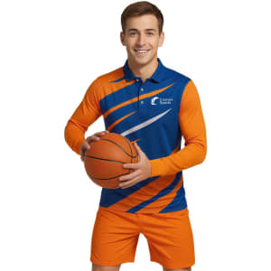 A man holding a basketball wears a long-sleeved polo shirt in blue and orange with a logo.