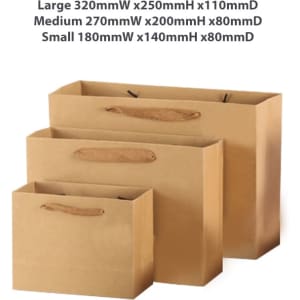 Three kraft paper bags in varying sizes with fabric flat handles, including large, medium, and small options.
