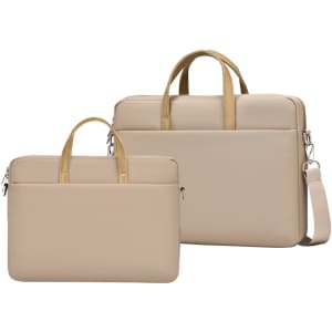 A beige sling laptop bag with a buffer pad, featuring handles and a detachable shoulder strap. It includes a logo.
