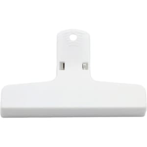 A white plastic magnetic clip with a flat gripping surface and a hole for hanging, featuring a logo.